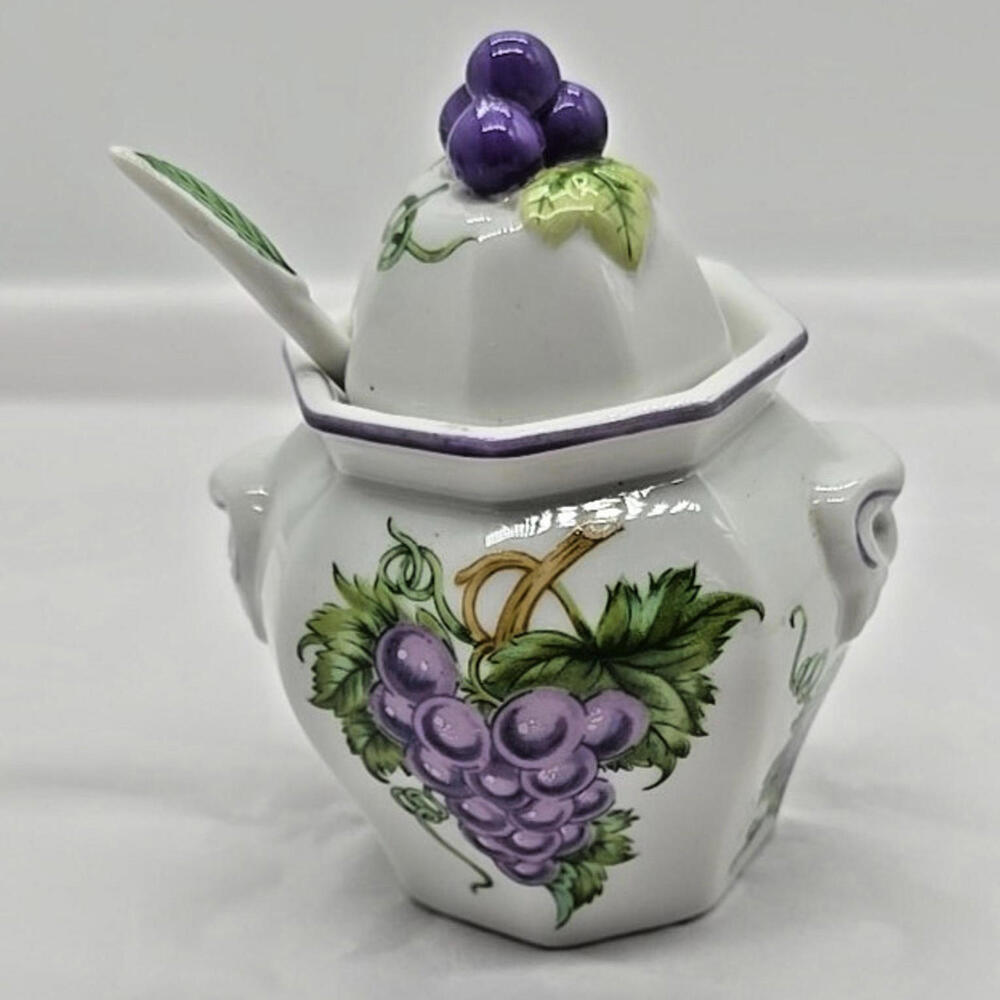 Lenox Orchard Jam Jelly Jar GRAPE Lid Spoon Fine Porcelain‎ Vtg 1991 Mini Jar